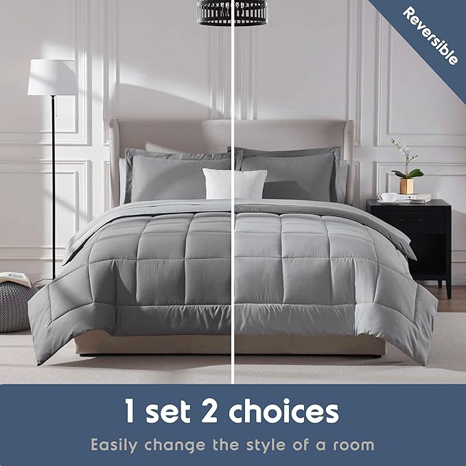 Nestl 9 Piece King Comforter Set – Grey Reversible Bed in a Bag – Complete King Size Bedding Set with Sheets, Set of 2 Cooling Pillows, Pillowcases and Shams