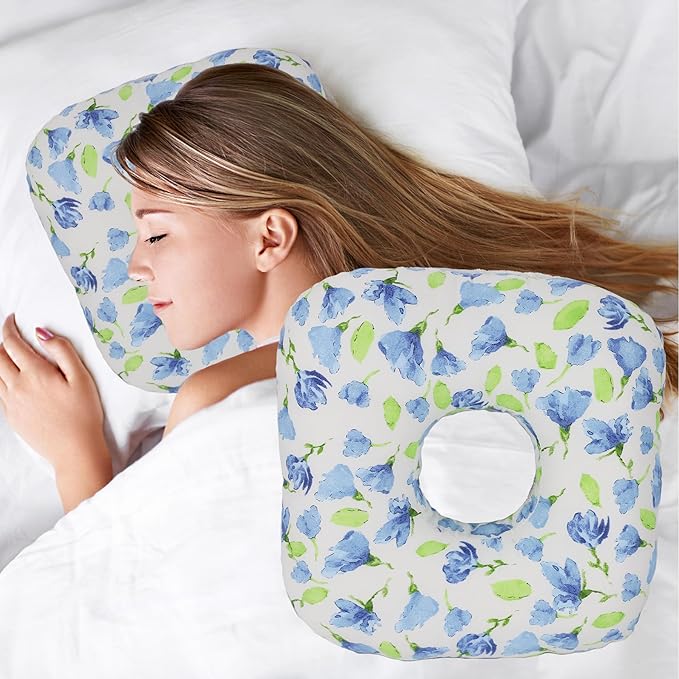 Ear Piercing Pillow for Side Sleepers, Pillow with an Ear Hole for CNH and Ear Pain Ear Inflammation Pressure Sores, O-Shaped Side Sleeping Pillow, Ear Guard Pillow (Blue Iris Flowers)