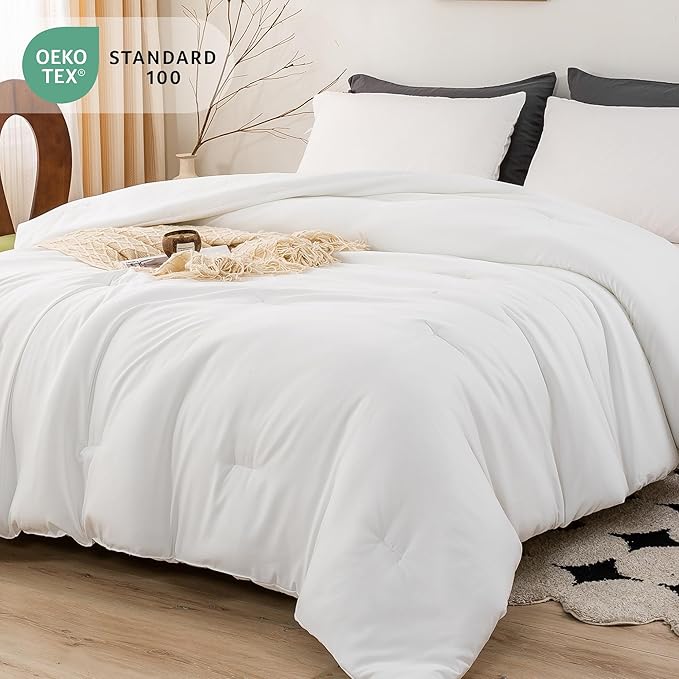 White Comforter Twin/XL Size Single Bed - Lightweight Super Soft Cozy Modern Polycotton Bedding Blanket Quilt Set for Kid Teen Boy Children All Season - 1 Solid Comforter and 1 Pillowcase