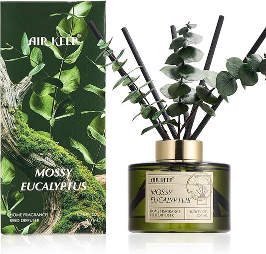 Airkeep Reed Diffuser Set with 6.76 fl oz Moss Eucalyptus Scent Essential Oils and 3 Leaves & 8 Diffuser Sticks,Bathroom Shelf Decor & Air Freshener, House Bedroom Office Decor & Gifts