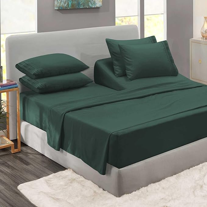 Clara Clark Flex Top King Sheets - Hotel Luxury 6 Piece Bed Sheets for Top Split King Bed - Soft Bedding Sheets & Pillowcases, Head Split King Size. Forest Green