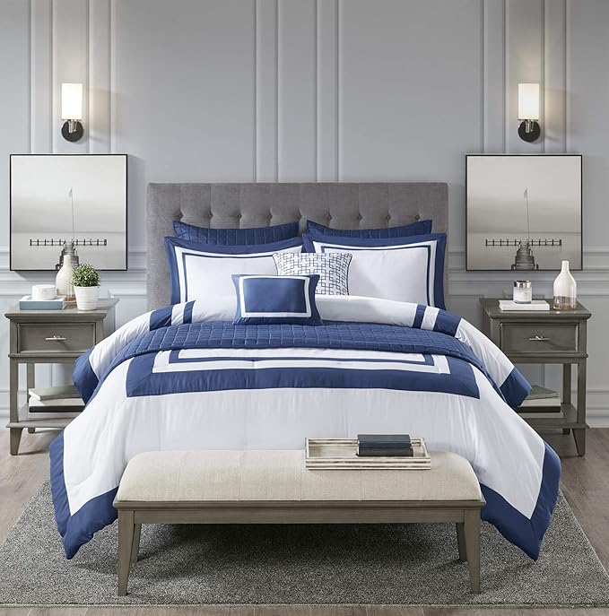 Madison Park Heritage Comforter Quilt Combo Set - Modern Luxury Design, All Season Down Alternative Bedding, Matching Shams, Decorative Pillows, Full/Queen(90"x90"), Color Block Navy 8 Piece