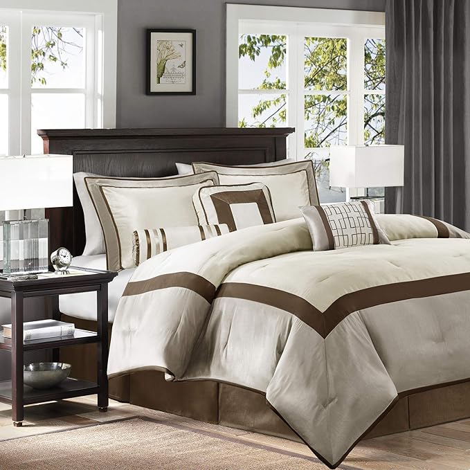 Madison Park Cozy Comforter Set-Deluxe Hotel Collection, All Season Down Alternative Luxury Bedding with Matching Shams, Decorative Pillows, King (104"x92"), Genevieve, Taupe/Brown 7 Piece