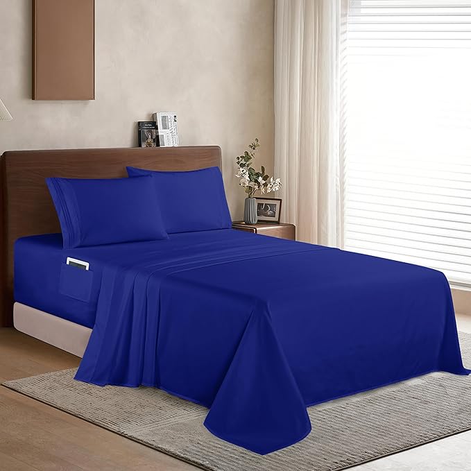 Elegant Comfort Luxury 1500 Premium Hotel Quality Microfiber 4-Piece Sheet Set- Soft, All Around Elastic 18-24 Inches Deep Fitted Sheet - Extra Deep Pocket Sheets, King, Royal Blue