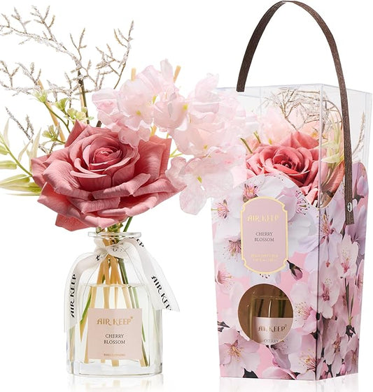 Airkeep Flower Reed Diffuser Set, Cherry Blossom Diffuser Gift Set,4.06 fl oz Essential Oil Sticks Diffusers for Bathroom Air Freshener, Aromatherapy Home Fragrance for Shelf Decor,Gift for Women Mom