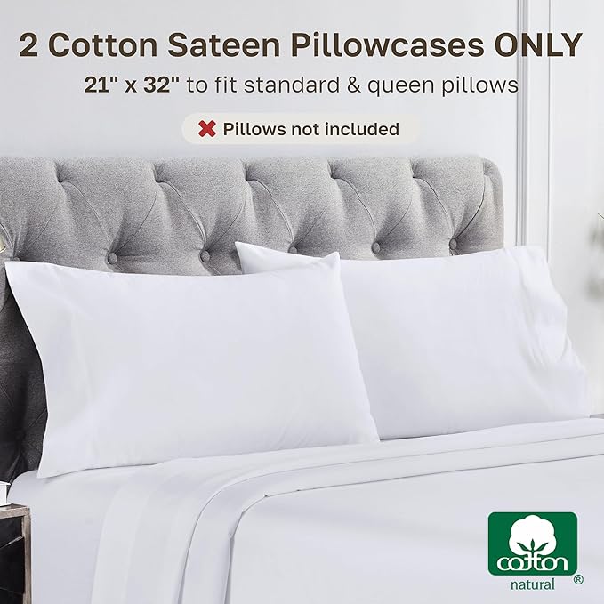 California Design Den Pillow Cases Standard Size Set of 2-1000 Thread Count Sateen, Soft and Thick 100% Cotton Pillowcases Queen/Standard, Durable - White