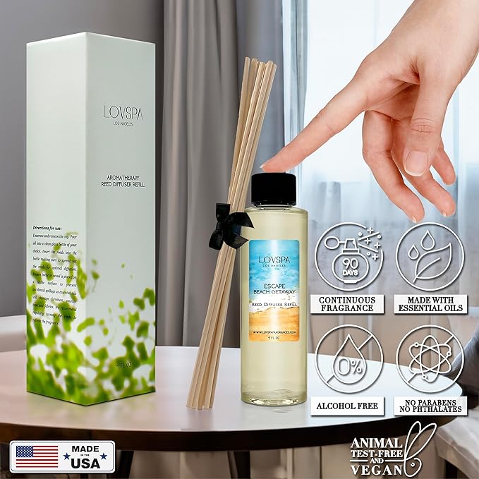 Escape Beach Getaway Diffuser Oil - Luxury Essential Oils for Diffuser Refill & Air Freshener Room Spray - Long-Lasting & Natural Home Fragrance, Scented Oil for Diffusers, USA Made, 4oz