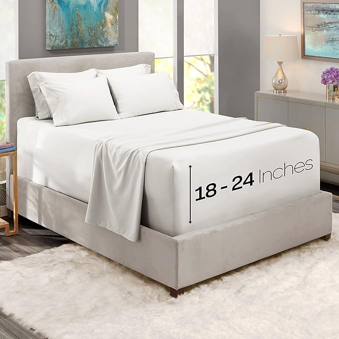 Hearth & Harbor Extra Deep Pocket Sheets - Fits Mattress 18-24 Inches Deep - Extra Deep Pocket California King Size - 6 Piece Cal King Sheets - Cal King, White