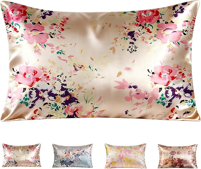 100% Mulberry Silk Pillowcase for Hair and Skin Care, Envelope Closure, Natural &Vintage Floral Printed Cooling & Slip Silk Pillow Case, Both Sides Soft Breathable, Queen Size, 1 Pack (Beige)