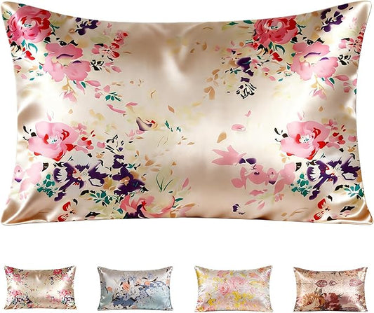100% Mulberry Silk Pillowcase for Hair and Skin Care, Envelope Closure, Natural &Vintage Floral Printed Cooling & Slip Silk Pillow Case, Both Sides Soft Breathable, Queen Size, 1 Pack (Beige)