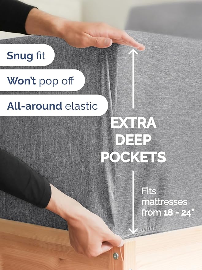Extra Deep Full Sheet Set - 4 Piece Breathable & Cooling Bed Sheets - Easily Fits 18 to 24 inch Mattress - Ultra Soft, Wrinkle & Fade Free w/ Extra Deep Pockets - Hotel Luxury Bedding - Heathered Grey