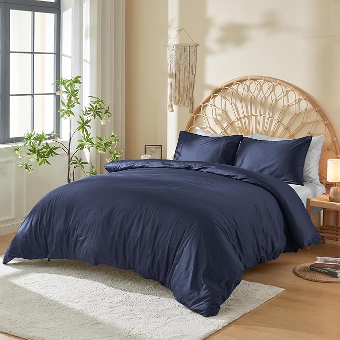 DOZ 100% Long Staple Cotton Duvet Cover Set, Soft Sateen Weave, Smooth, Breathable, Hotel Comfort, 106"x90", 8 Loops, 3pc – 2 Pillowcases 1 Duvet Cover (Sapphire, King/Cal King)