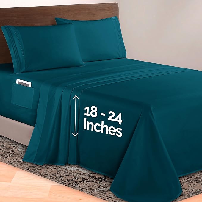Elegant Comfort Luxurious 1500 Premium Hotel Quality Microfiber 4-Piece Sheet Set, 18-24 Inches Deep - Extra Deep Pocket Sheets - Ultra Soft 4PC Deep Pocket Sheets, Queen, Marine Teal