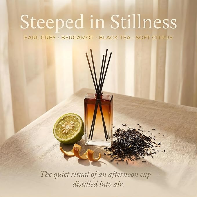 Reed Diffuser for Home Fragrance – Earl Grey Scent 100ml with Reed Sticks, Long Lasting Flameless Diffuser for Bathroom, Bedroom & Living Room Decor, Giftable Glass Bottle