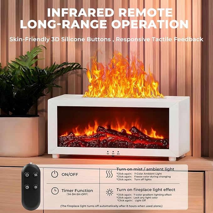 Fireplace Flame Essential Oil Diffuser, 7-Color LED Ultrasonic Aromatherapy Humidifier with Remote Control & Timer, 150ml Waterless Auto-Off Cool Mist Diffuser for Home Bedroom Office Yoga White
