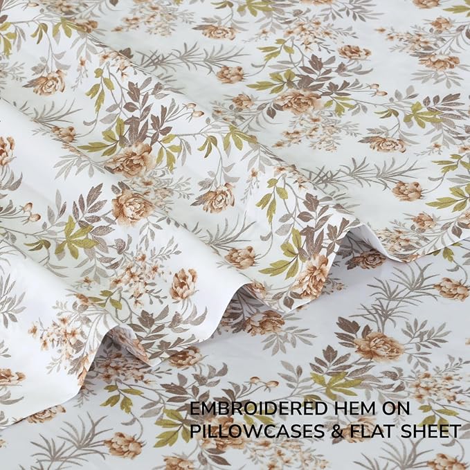 Feather & Stitch Printed 500 TC California King Size 4pc Damask Bed Sheet Set, 100% Soft Cotton Breathable Bedsheets, 18" Deep Pockets Sateen Weave Striped Bedding Mattress - Rose Floral