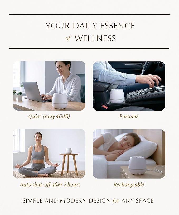 Waterless Essential Oil Diffuser (Relaxation Set) - Calm, Cozy & Dream Whisper (Gentle Scent) - Quiet, Adjustable Scent & Nightlight, Cordless, Rechargeable Battery (200 sqft Small Room)