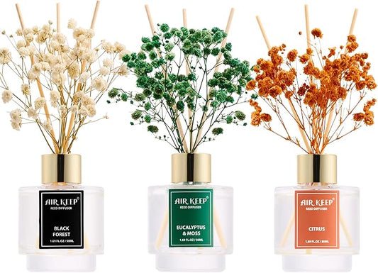 Airkeep Reed Diffuser Set of 3, Black Forest Eucalyptus Moss Citrus Oil Reed Diffusers for Bedroom Living Room Office Aromatherapy Oil Reed Diffuser for Gift 50ml