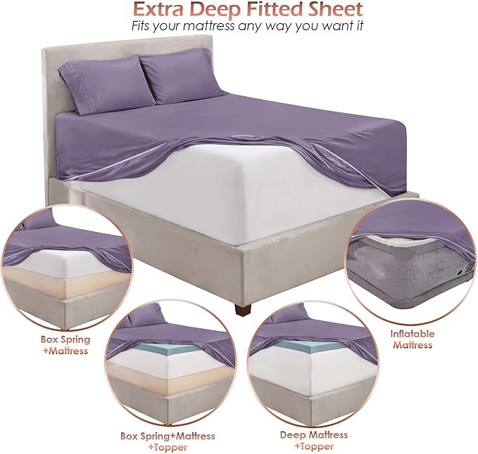 Nestl Queen Size Sheet Set, 4 Piece Extra Deep Pocket (18-24 inches), Microfiber, Cooling, Hotel Luxury, Soft, Breathable, Wrinkle-Free, Easy to Care, Grayish Purple