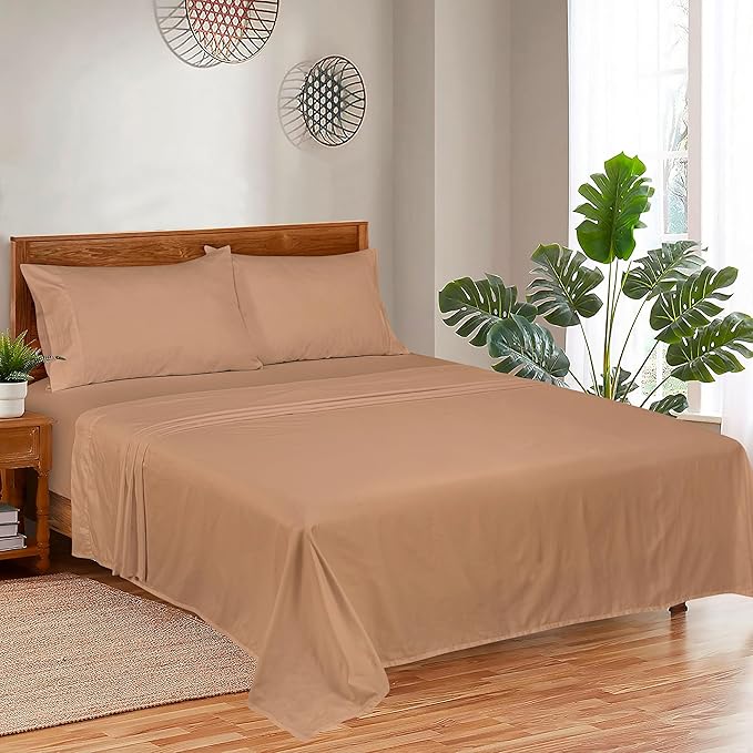 ROYALE LINENS 300 Thread Count 100% Long Staple Combed Cotton Sheet Set - 4 Piece Queen Bed Sheets - 1 Fitted, 1 Flat & 2 Pillow Cases - Soft Cool & Crisp Sheet Set (Queen, Clay)