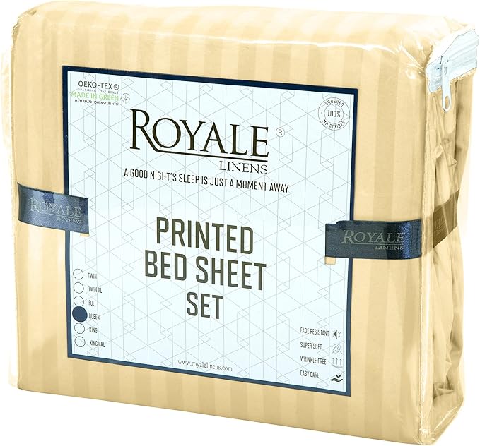 ROYALE LINENS 4 Piece Full Sheets Set - Soft Brushed 1800 Microfiber Bedding - 1 Fitted, 1 Flat Sheet, 2 Pillow Cases - Wrinkle Free & Fade Resistant - Hotel Luxury Bed Sheets (Stripe Sand, Full)