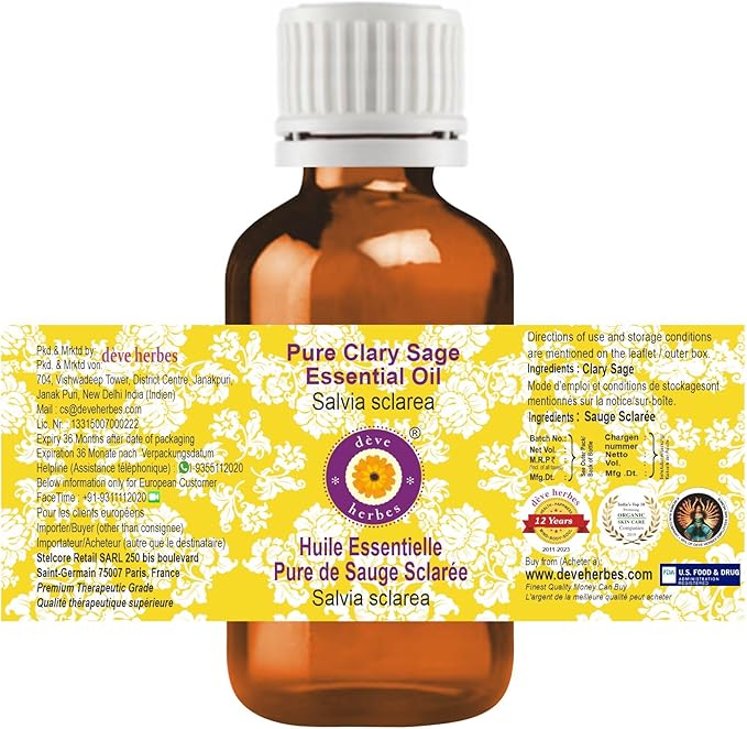 Deve Herbes Pure Clary Sage Essential Oil (Salvia sclarea) Steam Distilled 100ml (3.38 oz)