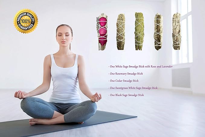 Smudge Sticks Sampler - 1 White Sage with Rose and Lavender, 1 Rosemary, 1 Cedar, 1 Sweetgrass White Sage and 1 Black Sage