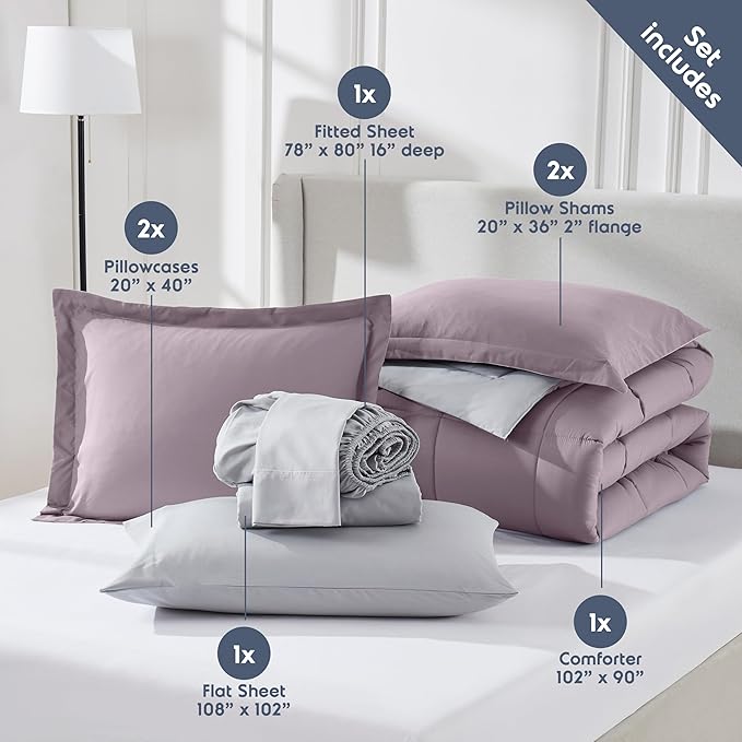 Nestl 9 Piece King Comforter Set – Dusty Purple Reversible Bed in a Bag – Complete King Size Bedding Set with Sheets, Set of 2 Down Alternative Pillows, Pillowcases and Shams