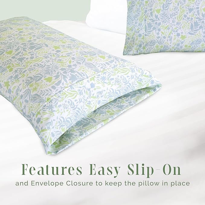 Elegant Comfort Ultra Soft Set of 2 Floral Print Pillowcases - 1500 Premium Hotel Quality Microfiber, Soft and Smooth Envelope Closure 2-Piece Pillow Covers - Standard/Queen, Green Anita