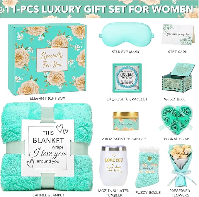 Mothers Day Gifts for Mom Wife Grandma Friends Sister, Birthday Gifts for Women, Self Care Get Well Soon Gifts, Spa Gift Baskets Set Thinking of You Care Package with Flannel Blanket Gift Box
