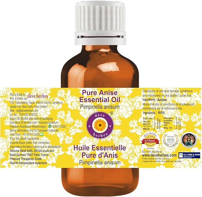 Deve Herbes Pure Anise Essential Oil (Pimpinella anisum) Steam Distilled 10ml (0.33 oz)