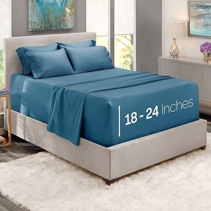 Hearth & Harbor Extra Deep Pocket Queen Sheets Sets - Fits Mattress 18-24 Inches Deep - Extra Deep Pocket Sheets - 6 Piece Queen Size - Blue Heaven