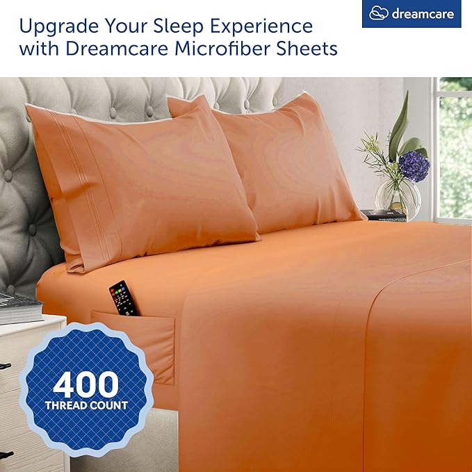 DREAMCARE King Size Sheets Set - Cooling Bed Sheets - 4pcs Set - up to 15" Deep Pocket King Sheet Set – Soft & Long Lasting Cooling - 100% Fine Brushed Polyester with Side Pocket, Terracota