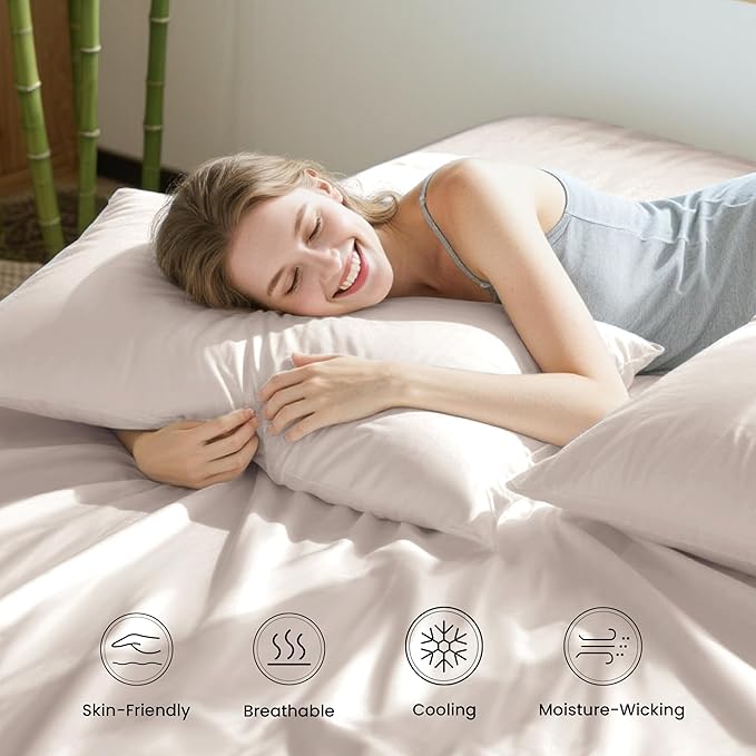 Love's cabin 4 Piece Full Size Sheet Set, 100% Rayon Derived from Bamboo, Cooling & Breathable, Soft Silky Deep Pocket up to 16", Hotel Luxury Bedding for Hot Sleepers, Sand