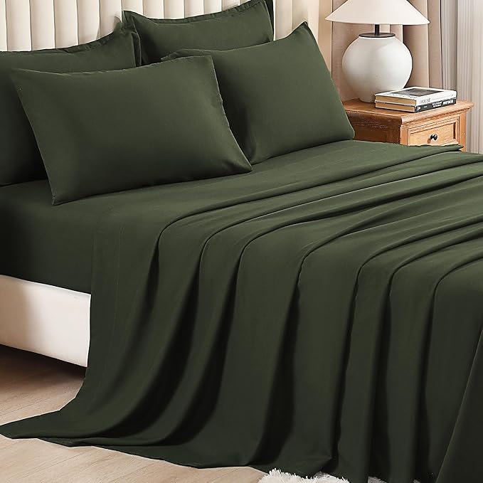 Litanika Oversized Queen Size Comforter Set Olive Green - 7 Pieces Bed in a Bag Oversized Beddding Sets, Solid Lightweight Bed Set with Comforter, Sheets, Pillowcases & Shams