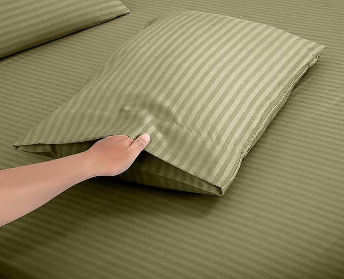ROYALE LINENS 4 Piece Cal King Sheets Set - Soft Brushed Microfiber - 1 Fitted, 1 Flat Sheet, 2 Pillowcases - Wrinkle Free & Fade Resistant - Hotel Luxury Bed Sheets (Stripe Sage Green, Cal King)