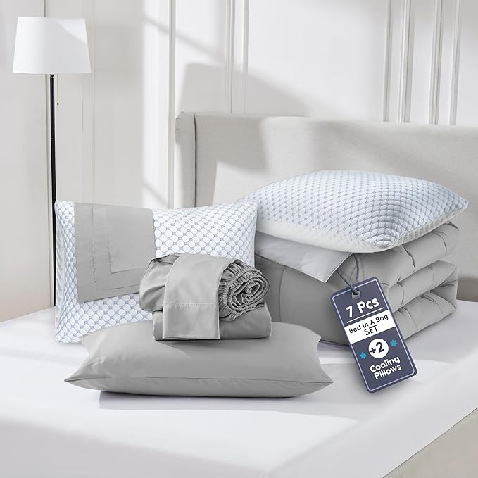 Nestl 9 Piece Queen Comforter Set – Grey Reversible Bed in a Bag – Complete Queen Size Bedding Set with Sheets, Set of 2 Cooling Pillows, Pillowcases and Shams