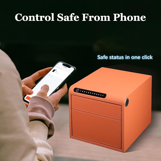 Jewelry Safe with Drawers，Biometric Fingerprint safe, Slide-Away Handgun Safe for Pistols, Leather Wrapped Jewelry Storage Safe, Digital Keypad & Quick-Access Drawer(Orange- 2 Drawer)