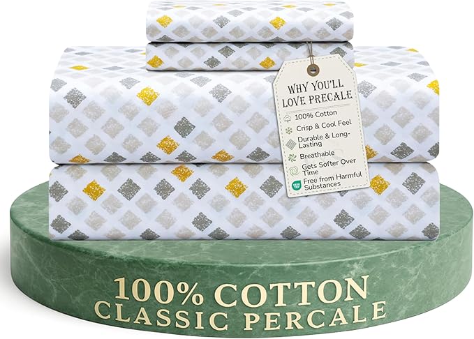 Feather & Stitch Softest 100% Cotton Sheets, 300 Thread Count Percale Weave Bedding, 16" Deep Pocket, Cooling Sheets, Breathable Bed Set, Hotel Premium Quality (Queen, Yellow Diamond)
