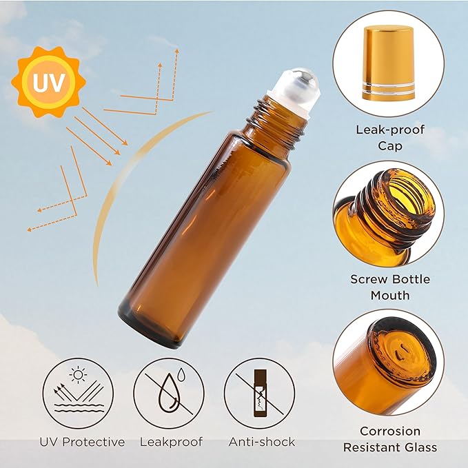 Essential Oil Roller Bottles, 10ml Thick Glass Perfume Roller Bottles with Funnel Opener and Dropper Colored Glass Empty Bottles with Stainless Steel Roller Balls (Brown - golden cover, 12 Pack)