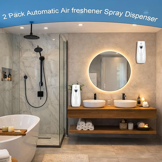 Automatic Air Freshener Spray Dispenser (2-Pack) Wall Mounted or Free Standing, Commercial and Home Use, Multiple Time Scent/Mist Release Settings for Room/Restroom Sprayer (White1103)