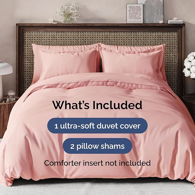 Duvet Cover Queen Size Set - Extra Soft Queen Duvet Cover 90" x 90" with 2 Pillow Shams - Hotel Luxury, Easy Care & Fade Free w/ Zipper Closures & Ties - All Season, Comfy and Breathable (Baby Pink)