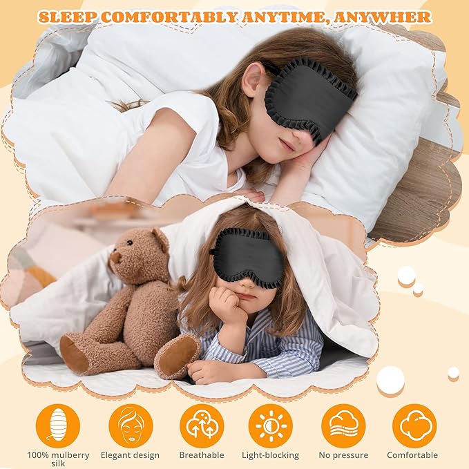Kids Sleep Mask Eye Cover, 100% Real Mulberry Silk Sleep Mask with Adjustable Strap, Kids Blindfold for Sleeping, Boys Girls Eye Shade for Ages 5+, Soft and No Pressure (Black)