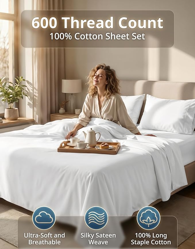 LANE LINEN King Size Sheets Set – 600 Thread Count Long-Staple 100% Cotton Sheets, Naturally Cool & Durable for Everyday Use, 15" Deep Pocket Fitted Sheet with All-Around Elastic for Snug Fit – White