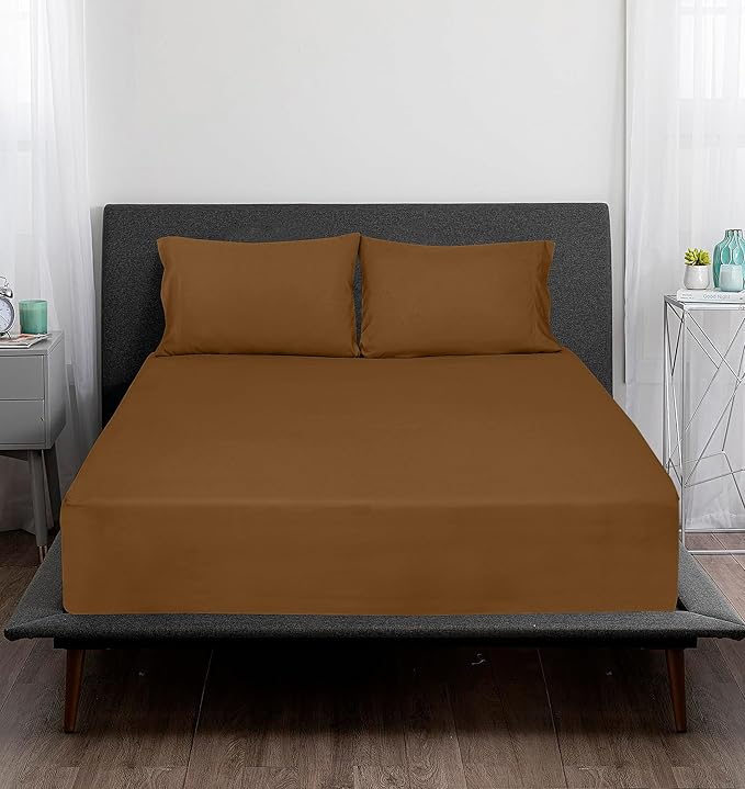 ROYALE LINENS 300 Thread Count 100% Long Staple Combed Cotton Sheet Set - 4 Piece Queen Bed Sheets - 1 Fitted, 1 Flat & 2 Pillow Cases - Soft Cool & Crisp Sheet Set (Queen, Chocolate)