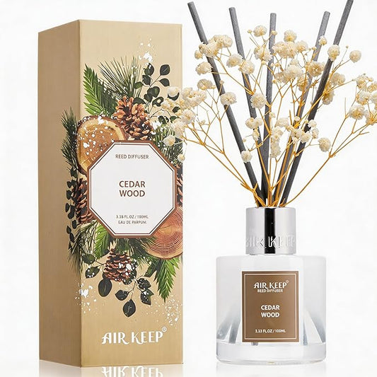 Airkeep Reed Diffuser Set,3.38 fl oz (100 ml) - Cedar Wood Oil Diffusers with 8 Reed Sticks, Home Fragrance Reed Diffuser for Bathroom Shelf Decor