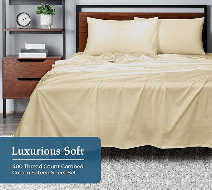 ROYALE LINENS 400 Thread Count 100% American Grown Cotton 4 Piece Sateen King Sheet Set - 1 Fitted Sheet, 1 Flat Sheet, 2 Pillow case - Taupe King Bedsheet - Cotton Sheets - (King, Moroccan Sand)