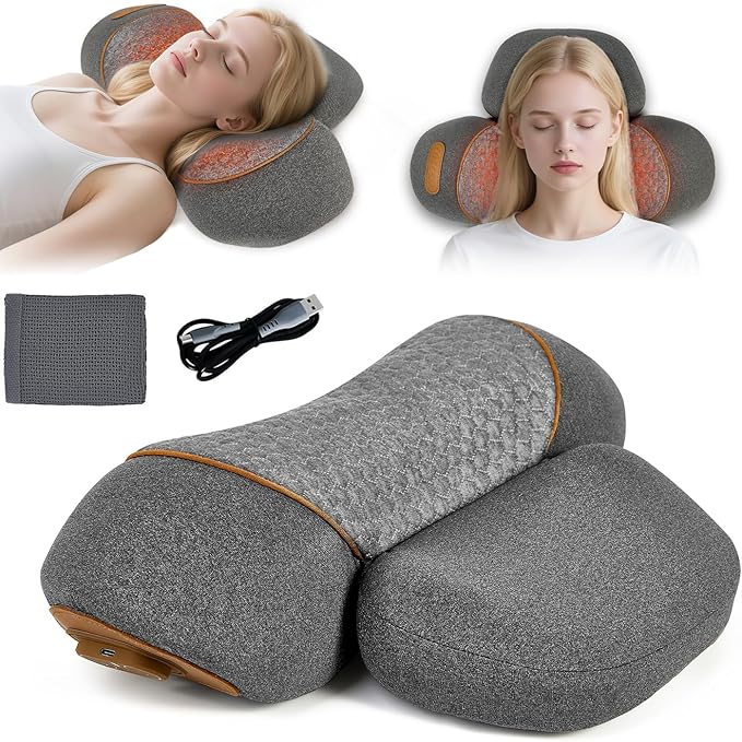 Gifts for Family, 3-in-1 Electric Neck Massager Pillow for Bed - Pillow Massage Neck Hump for Shoulder Pain, with Vibrating Heating and Traction Function