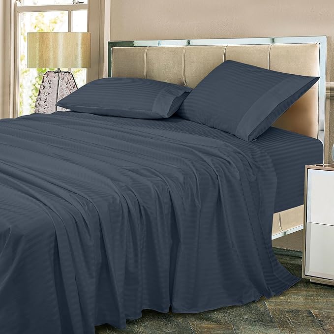 ROYALE LINENS 300 Thread Count 100% Long Staple Combed Cotton Striped Sheet Set - 4 Piece Queen Bed Sheets - 1 Fitted, 1 Flat & 2 Pillow Cases - Soft Cool & Crisp Sheet Set (Queen, Stripe Navy)