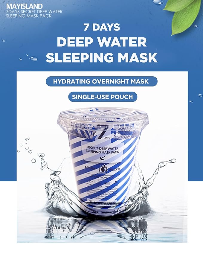 MAY ISLAND 7 Days Secret Deep Water Sleeping Mask - Korean Overnight Hydrating Treatment with Hyaluronic Acid - Intensive Moisturizing & Revitalizing - Single-Use Pouches, 0.17oz. x 12 Pack